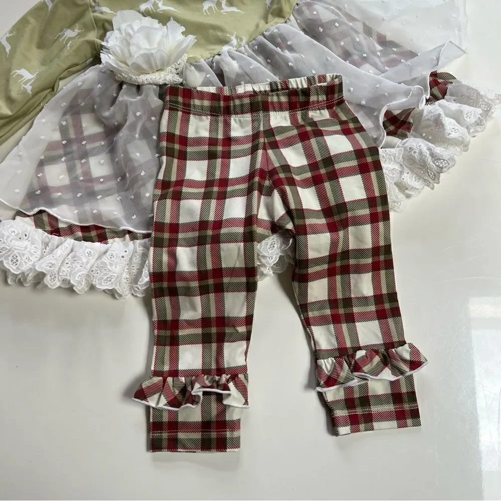 Be Girl Clothing 3 Piece Winter Plaid Bucks Twirl Dress Pants Headband Set